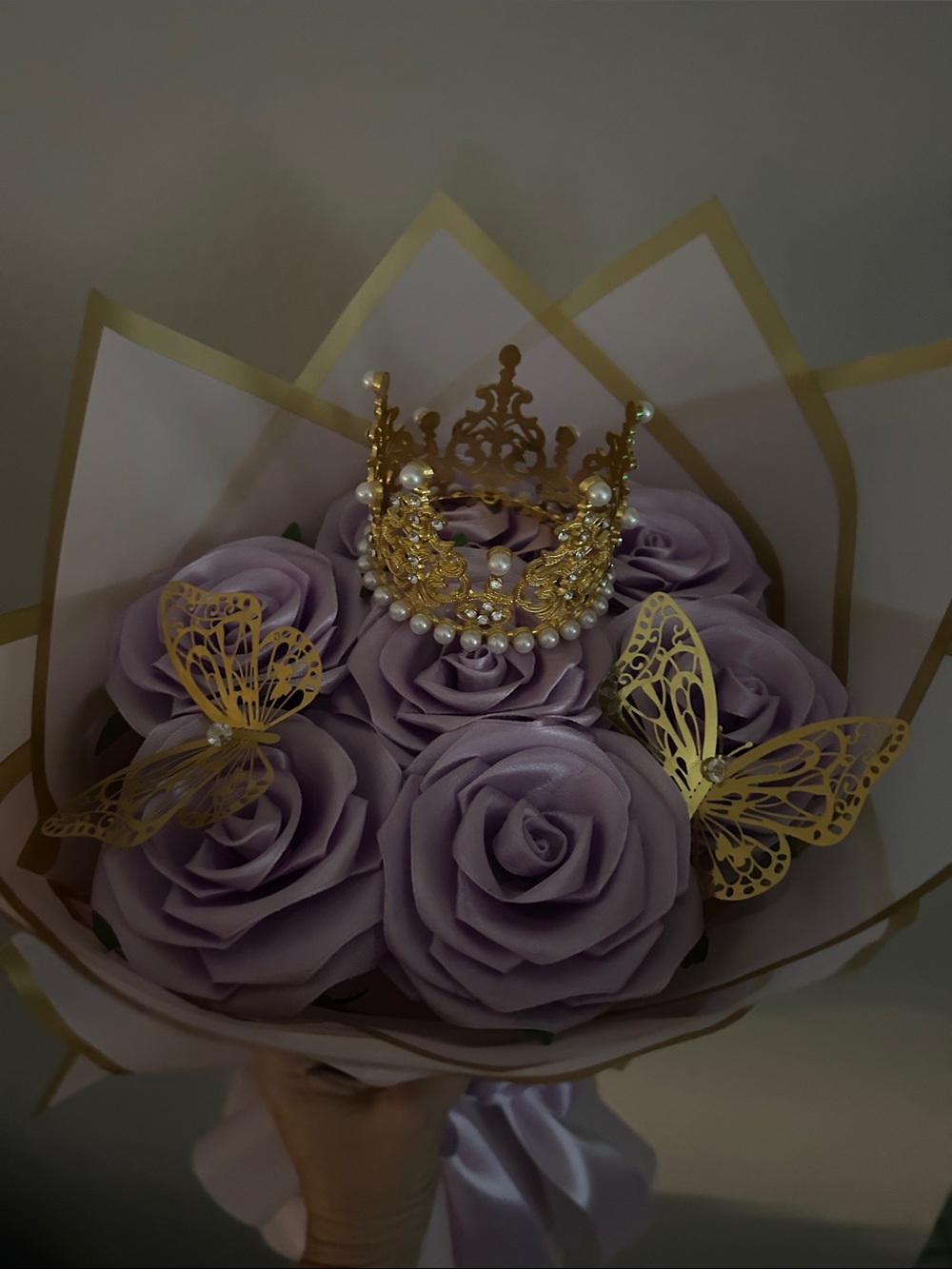 Hand Crafted Lavender Floral Crown with Gold and Pearl Accents - Picture 6 of 7